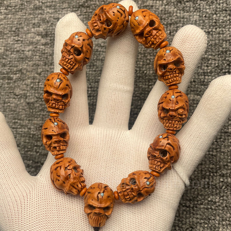 特選腕輪念珠 木玉ブレス 骸骨彫り(髑髏彫り) 桃の核 12mm玉 内周約16.5cm◆数珠ブレスレット・お守り・スカル・念珠ブレスレット・腕輪数珠