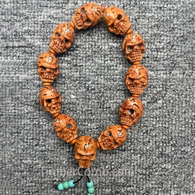特選腕輪念珠 木玉ブレス 骸骨彫り(髑髏彫り) 桃の核 12mm玉 内周約16.5cm◆数珠ブレスレット・お守り・スカル・念珠ブレスレット・腕輪数珠