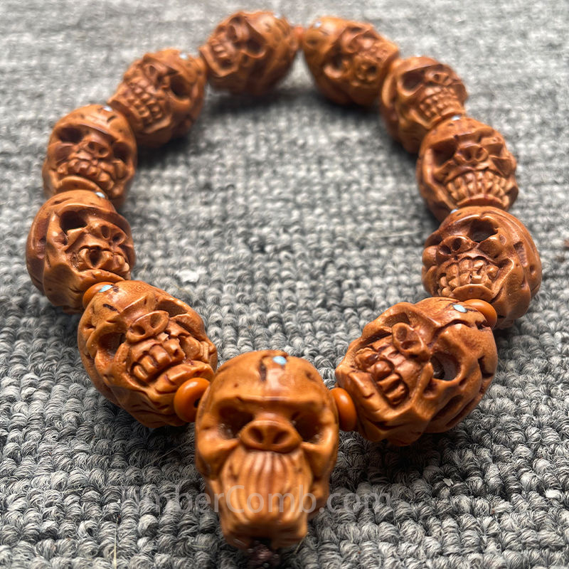 特選腕輪念珠 木玉ブレス 骸骨彫り(髑髏彫り) 桃の核 12mm玉 内周約16.5cm◆数珠ブレスレット・お守り・スカル・念珠ブレスレット・腕輪数珠
