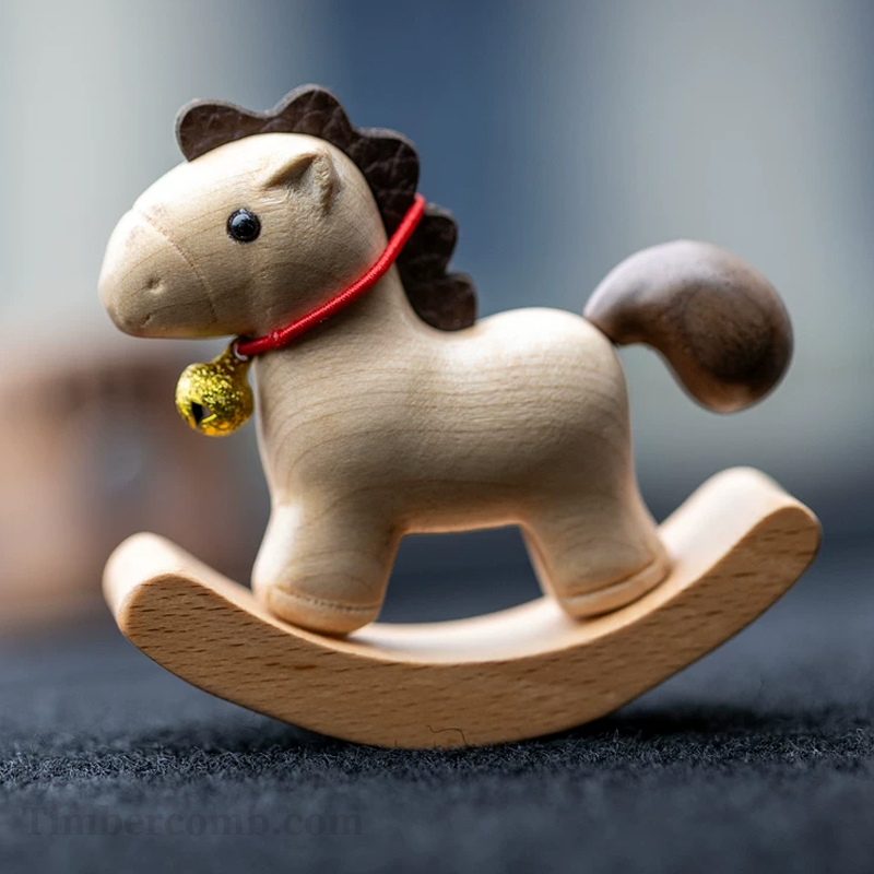 揺れる木馬の置物 天然木製 机・車載用 かわいい子馬 カートゥーン風木製デコレーション