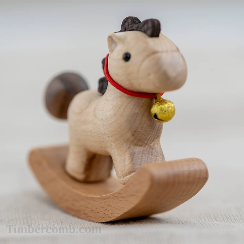 揺れる木馬の置物 天然木製 机・車載用 かわいい子馬 カートゥーン風木製デコレーション