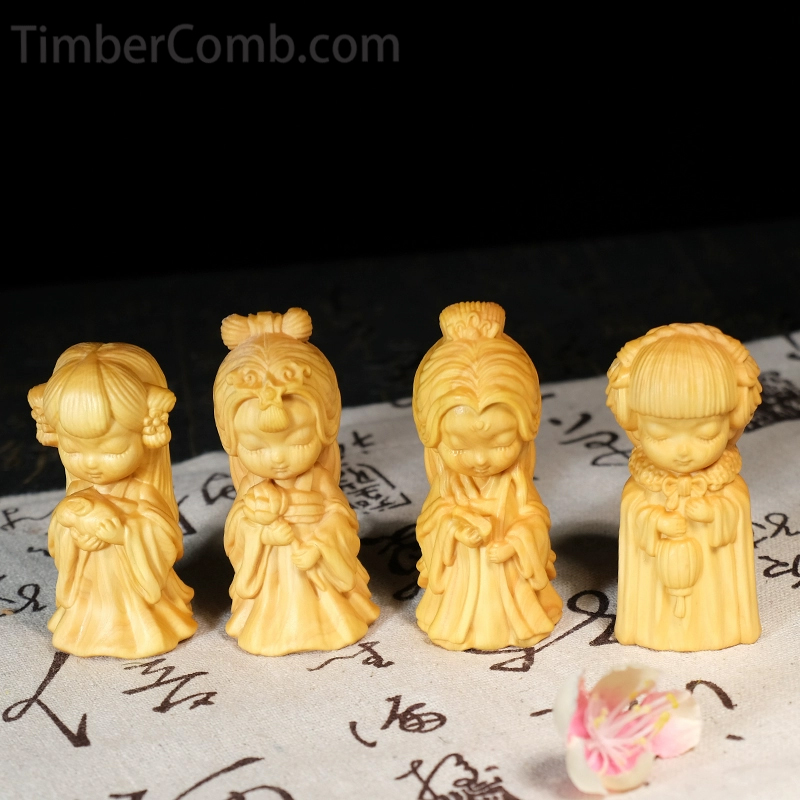 つげ木彫り四大美人置物ユーモラスデザイン 和モダンインテリア向け
