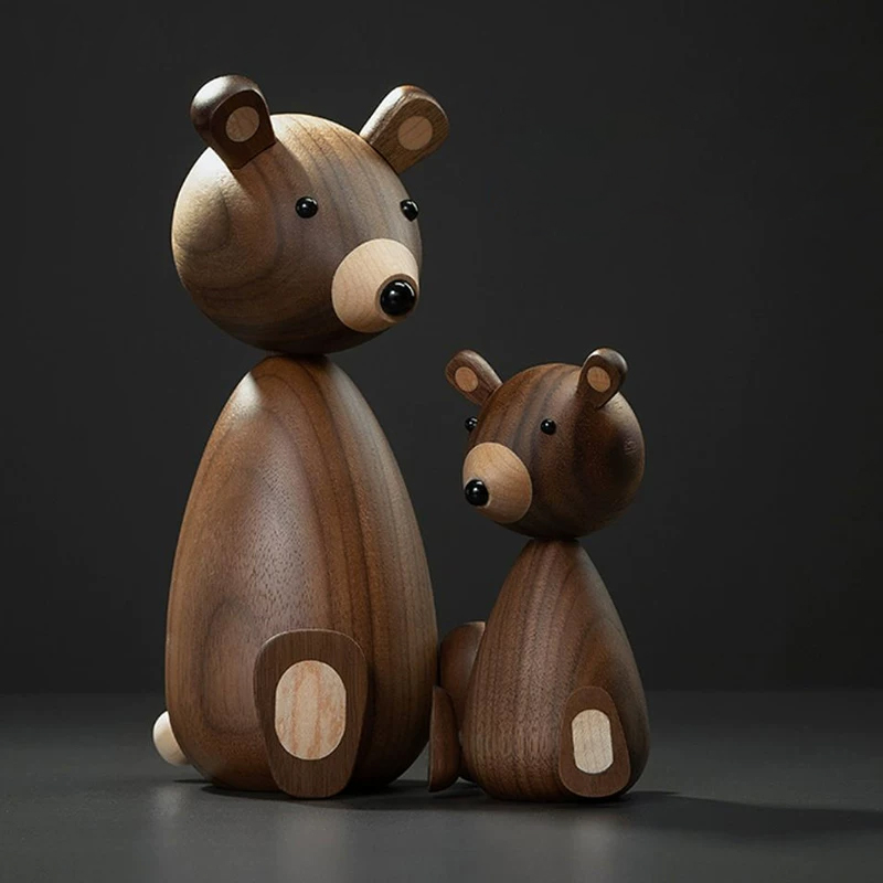 小熊の置物、黒ウォルナットの実木製、寝室・子供部屋向けキャラクター木彫り、手作り温もりのある贈り物