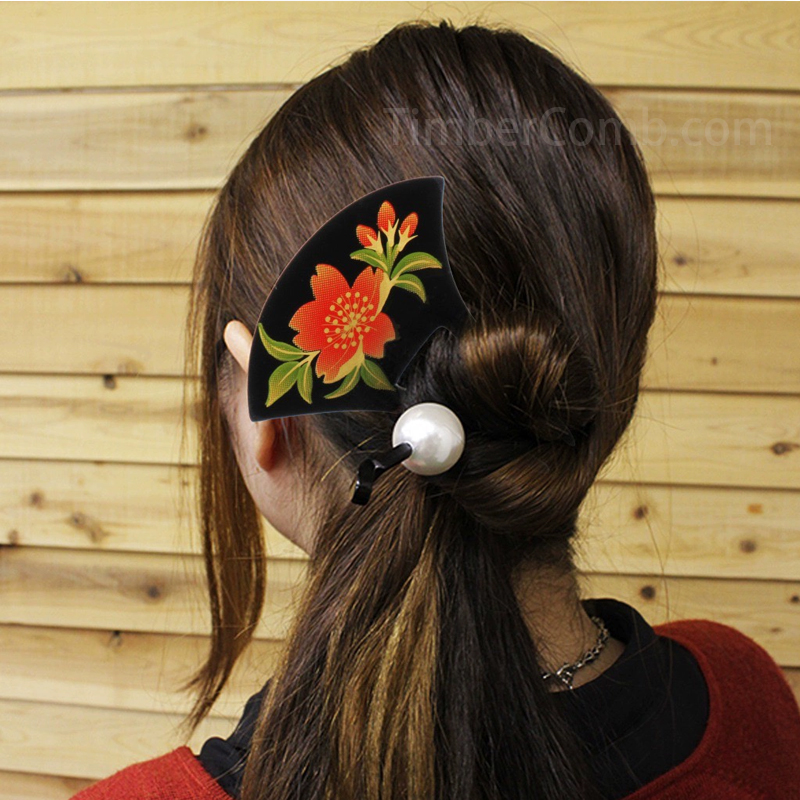 新作 U型フラワー簪 (花嫁・和風プリント) 扇形 カラーかんざし ヘア飾り