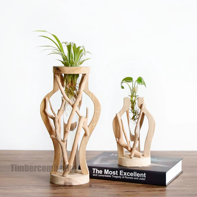 手作り木製花瓶の景観置物、木の花器、試験管を使った水耕栽培、田園風ミニ盆栽クリエイティブ