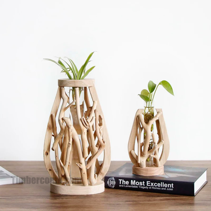 手作り木製花瓶の景観置物、木の花器、試験管を使った水耕栽培、田園風ミニ盆栽クリエイティブ