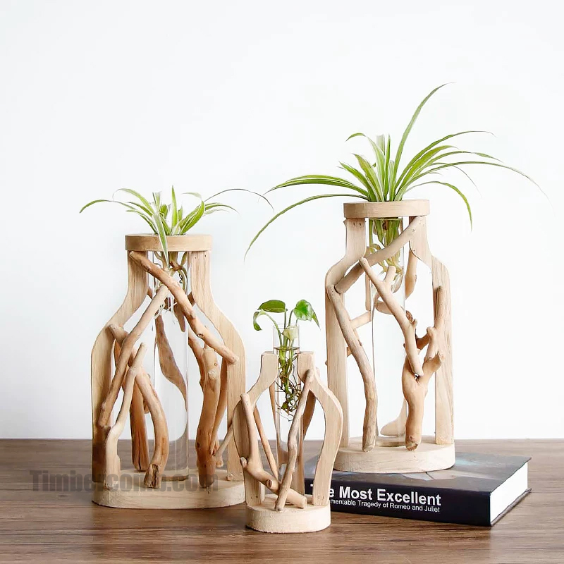 手作り木製花瓶の景観置物、木の花器、試験管を使った水耕栽培、田園風ミニ盆栽クリエイティブ