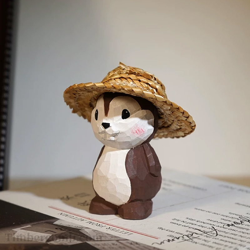 手彫り木彫りシマリス置物 カートゥーン風かわいい動物 オフィス・デスクデコレーション 萌えアイテム