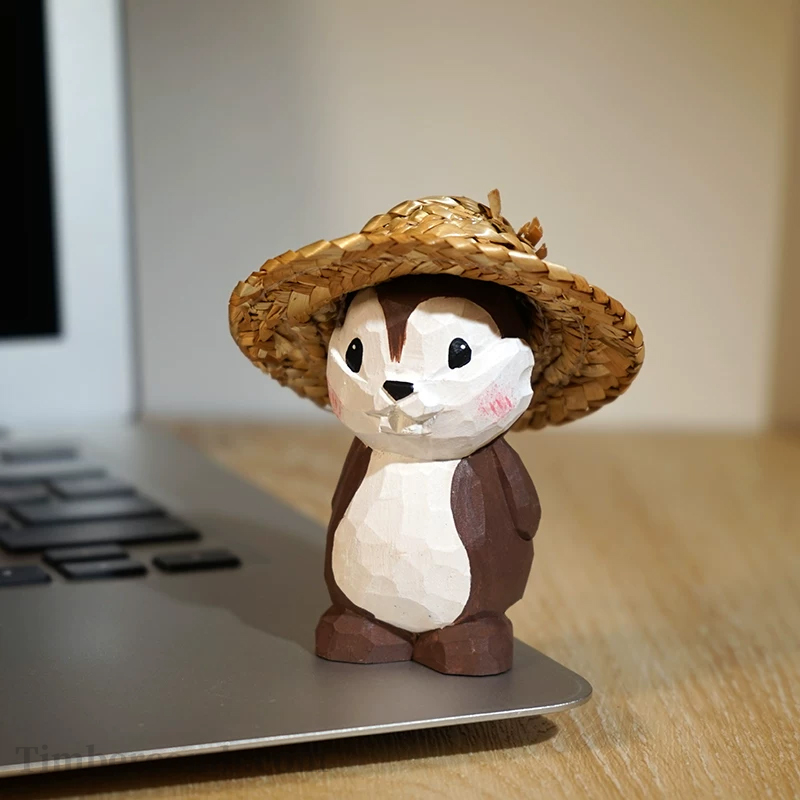 手彫り木彫りシマリス置物 カートゥーン風かわいい動物 オフィス・デスクデコレーション 萌えアイテム