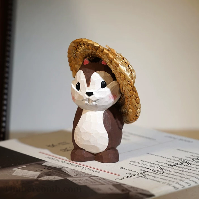 手彫り木彫りシマリス置物 カートゥーン風かわいい動物 オフィス・デスクデコレーション 萌えアイテム