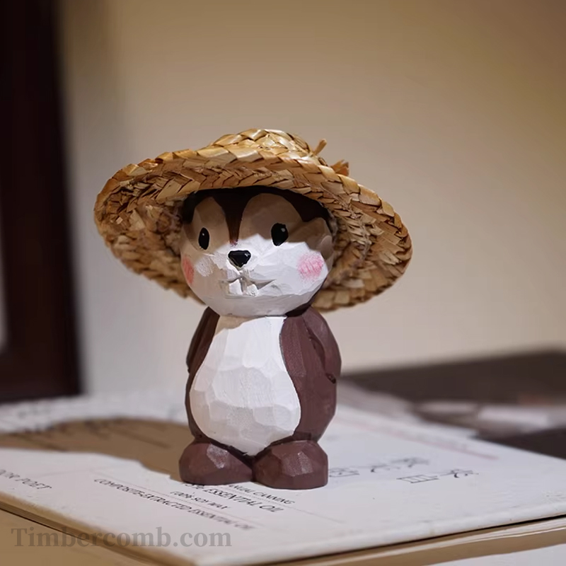 手彫り木彫りシマリス置物 カートゥーン風かわいい動物 オフィス・デスクデコレーション 萌えアイテム