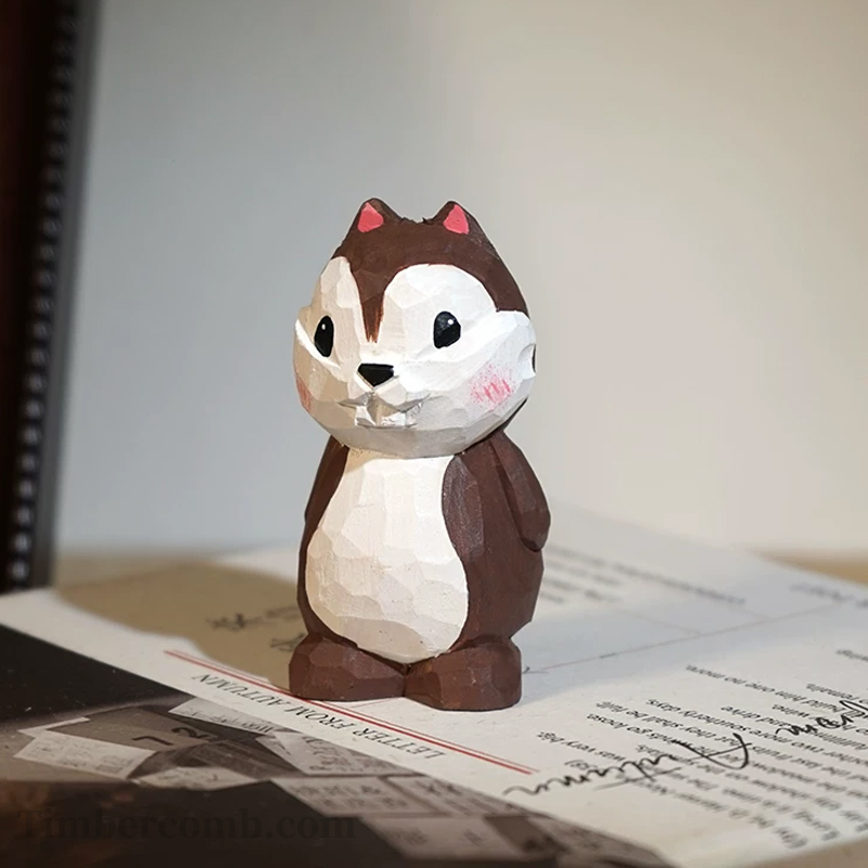 手彫り木彫りシマリス置物 カートゥーン風かわいい動物 オフィス・デスクデコレーション 萌えアイテム
