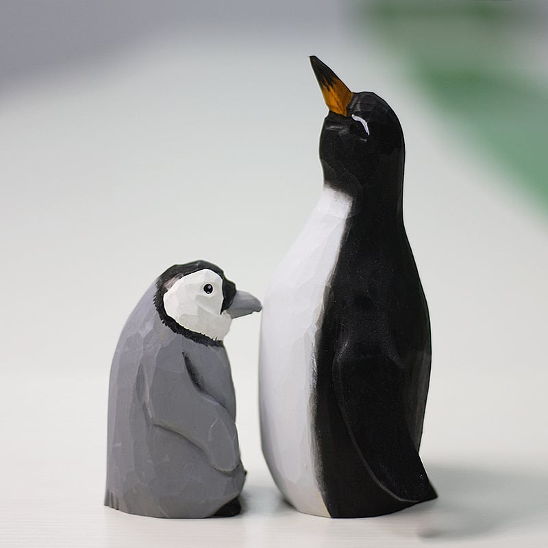 木彫りのペンギン 置物 ペンギン親子【2点セット】ペンギンベビー
