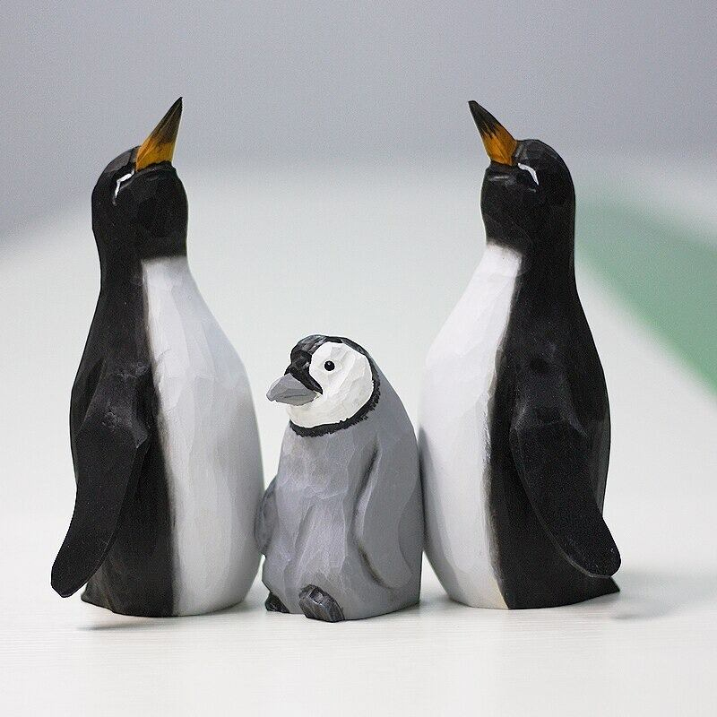 木彫りのペンギン 置物 ペンギン親子【2点セット】ペンギンベビー 贈り物 デスクトップ 部屋飾り物 木製オブジェ 野生動物 置物 天然木 ハンドメイド