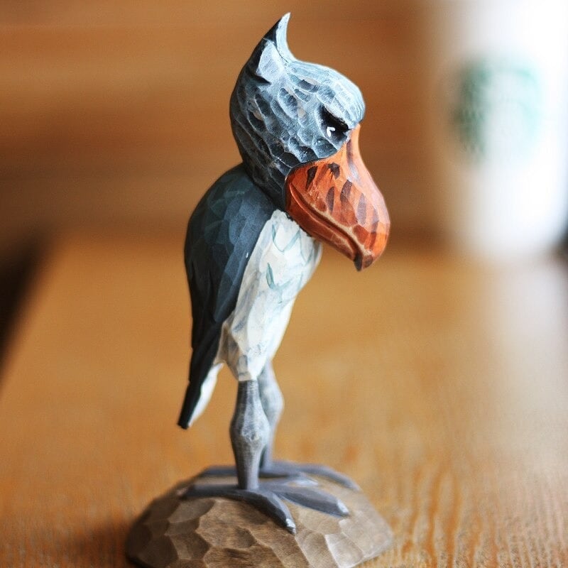 木彫りのハシビロコウの置物 鳥の彫刻 デスクトップ 部屋飾り物 可愛いプレゼント 北欧の置物 木彫りの置物