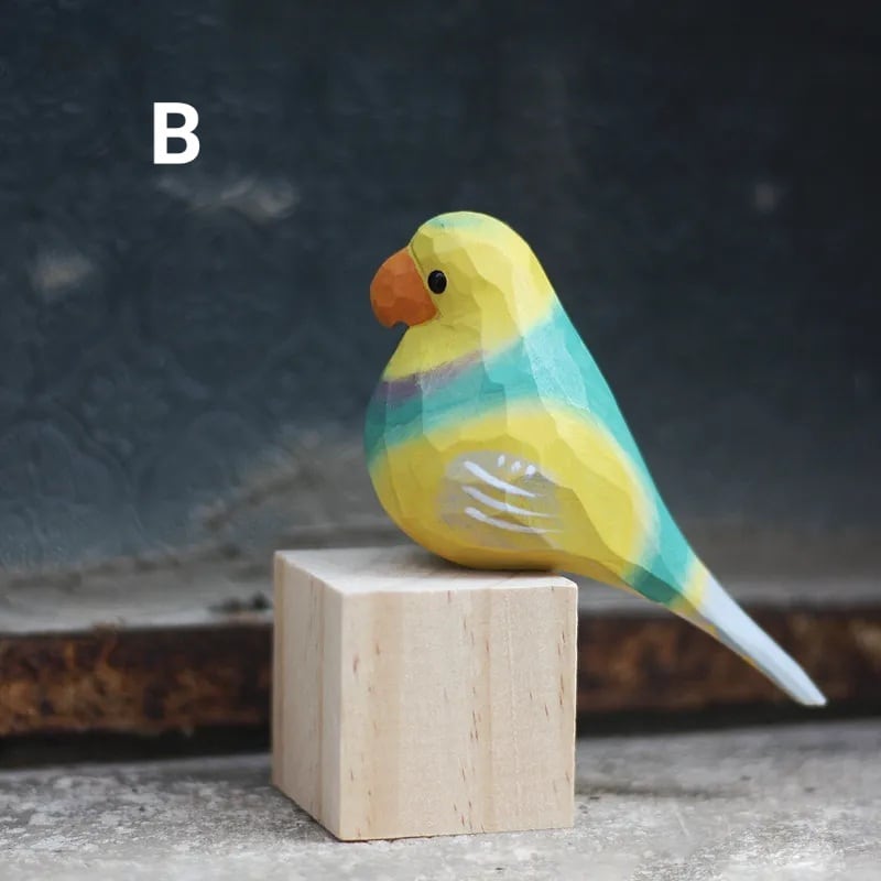 木彫りのインコの置物 贈り物 デスクトップ 部屋飾り物 木製オブジェ トリ 置物 天然木 ハンドメイド