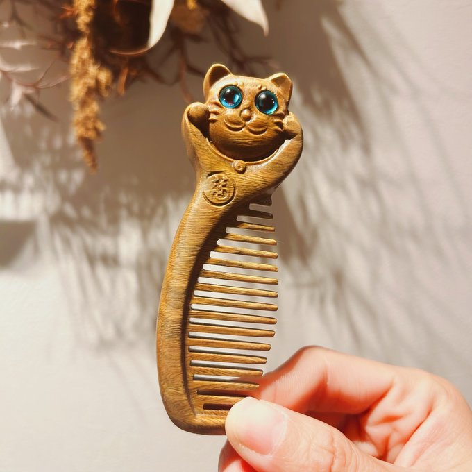 天然緑檀木 木製櫛 コンパクト 猫 ねこ お守り 静電気防止 美髪 頭皮マッサージ 男女 プレゼント お祝い