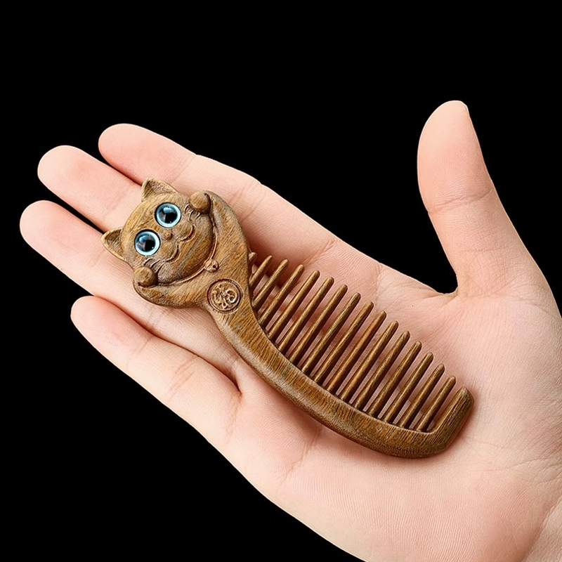 天然緑檀木 木製櫛 コンパクト 猫 ねこ お守り 静電気防止 美髪 頭皮マッサージ 男女 プレゼント お祝い