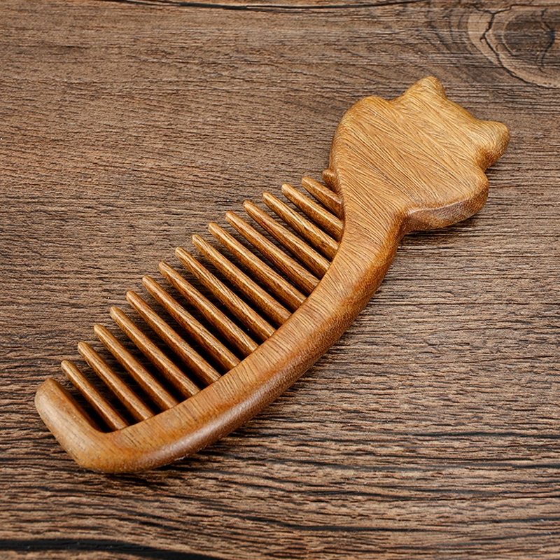 天然緑檀木 木製櫛 コンパクト 猫 ねこ お守り 静電気防止 美髪 頭皮マッサージ 男女 プレゼント お祝い