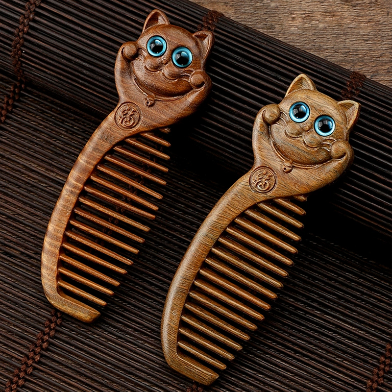 天然緑檀木 木製櫛 コンパクト 猫 ねこ お守り 静電気防止 美髪 頭皮マッサージ 男女 プレゼント お祝い