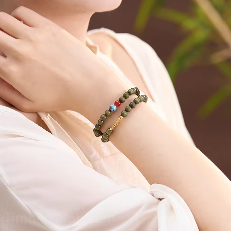 緑檀木ブレスレット 天然木 6mm 赤瑪瑙 蓮の花 二重 数珠ブレスレット 女性用 レディース お守り