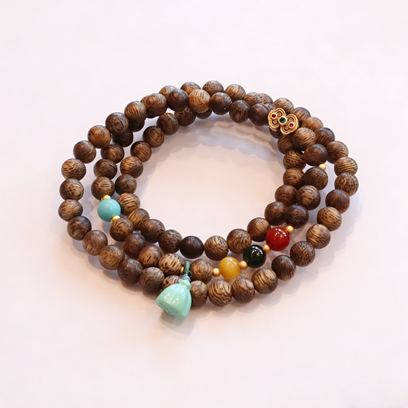 沈香ブレスレット 手作り 菱マグネサイト 蓮の実 3連 腕輪ブレスレット 男女兼用 天然石 パワーストーンブレスレット