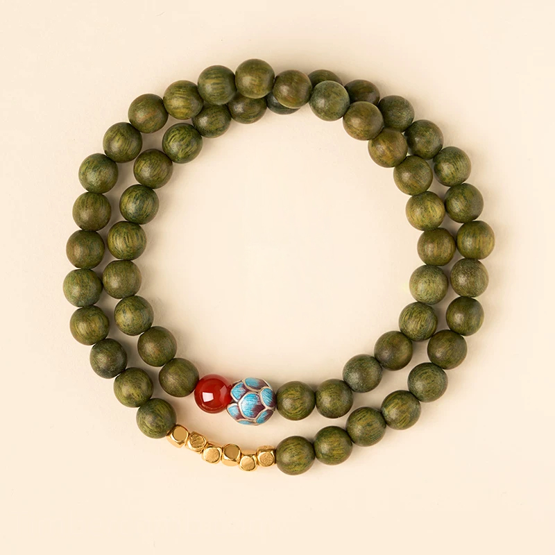 緑檀木ブレスレット 天然木 6mm 赤瑪瑙 蓮の花 二重 数珠ブレスレット 女性用 レディース お守り