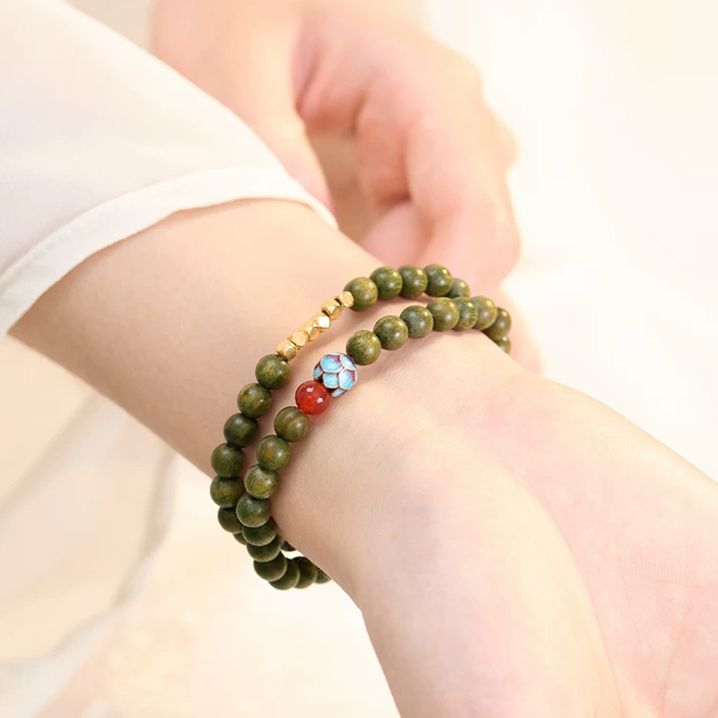 緑檀木ブレスレット 天然木 6mm 赤瑪瑙 蓮の花 二重 数珠ブレスレット 女性用 レディース お守り