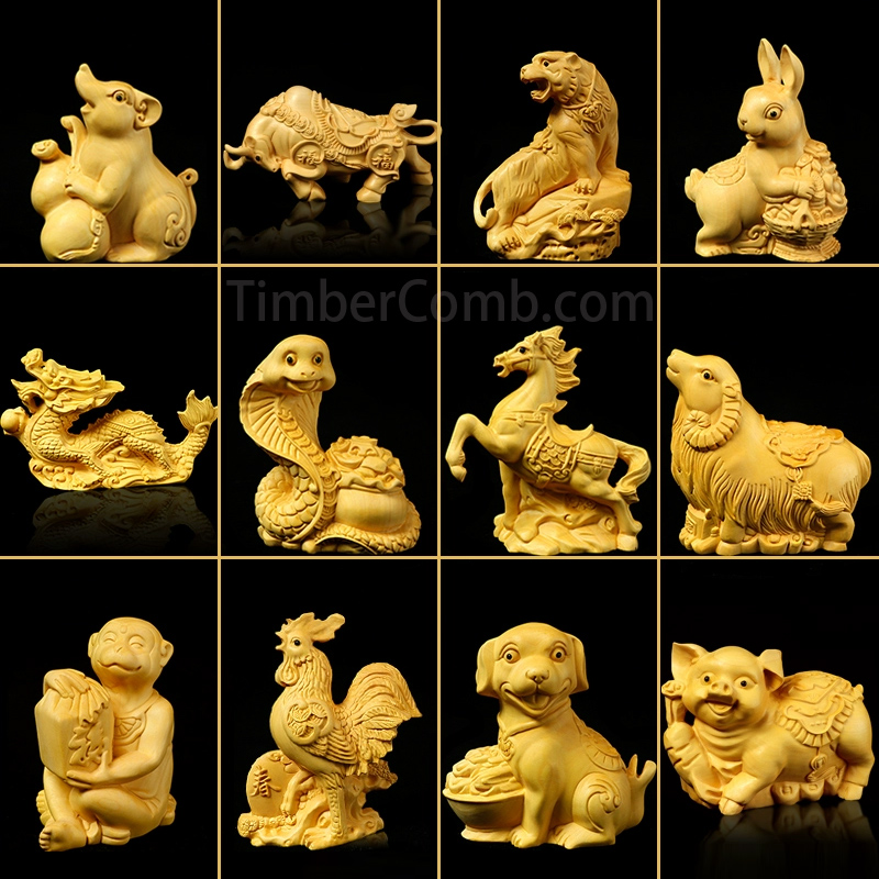 つげの木彫刻 十二支（鼠・牛・虎・兎・龍・蛇・馬・羊・猿・鶏