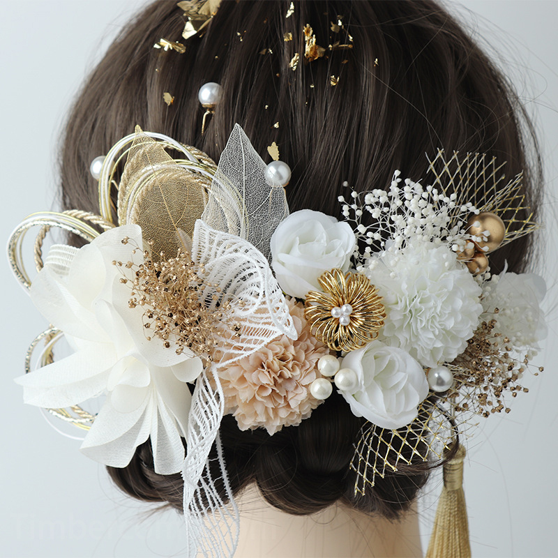 成人式髪飾り 結婚式 和装 卒業式 造花飾り 白いバラ 丸菊 ウェディング 花 着物 ヘアアクセサリーセット ヘッドドレス