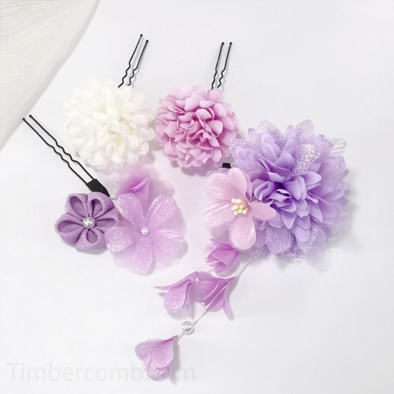 成人式髪飾り 結婚式 和装 卒業式 造花飾り ピンク 紫 絹花 丸菊 ウェディング 花 着物 ヘアアクセサリー ヘッドドレス