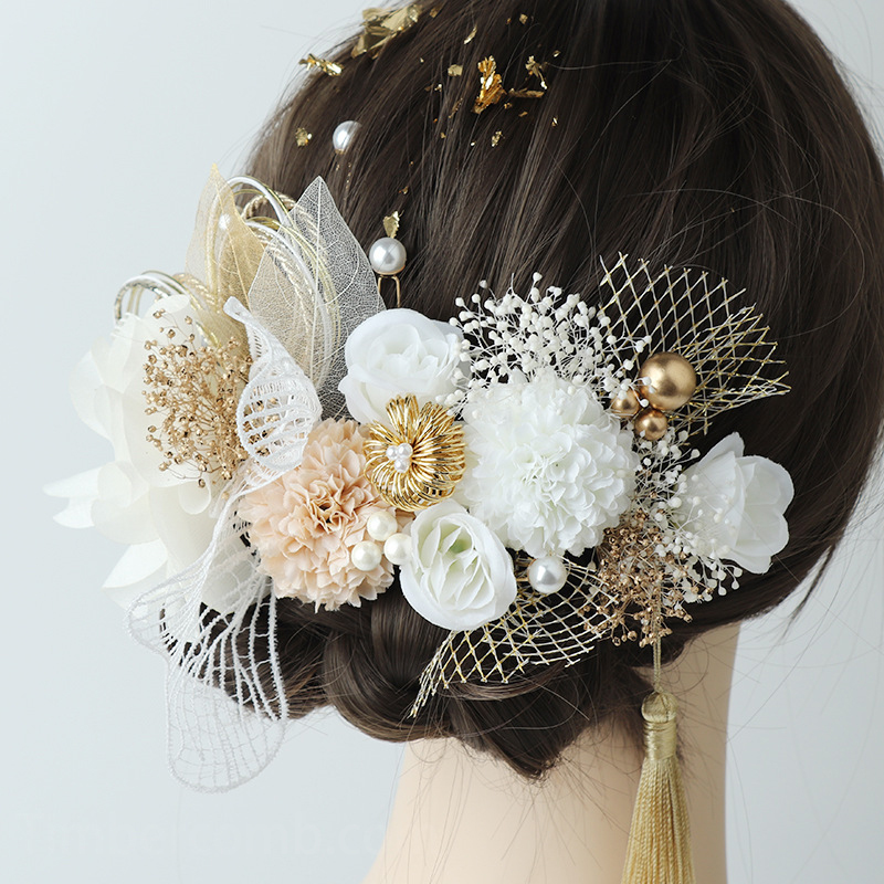 成人式髪飾り 結婚式 和装 卒業式 造花飾り 白いバラ 丸菊 ウェディング 花 着物 ヘアアクセサリーセット ヘッドドレス