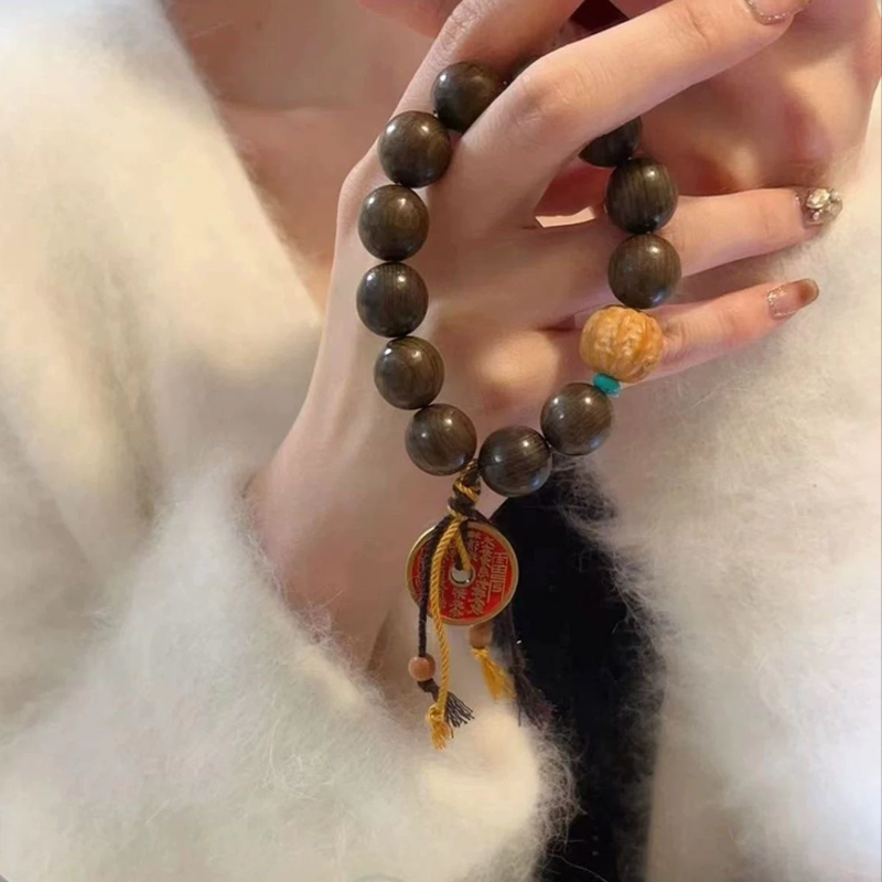 黒檀木ブレスレット お守り 山鬼銭チャーム付き 数珠ブレスレット レディース 御守り 腕輪ブレス