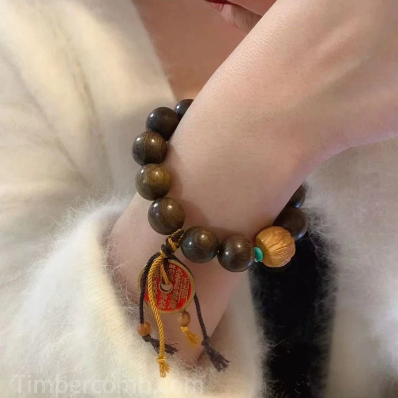 黒檀木ブレスレット お守り 山鬼銭チャーム付き 数珠ブレスレット レディース 御守り 腕輪ブレス