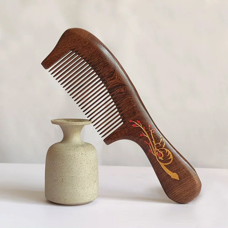黒檀木櫛 コーム 木製の櫛 無垢材 絵付き お守り 頭皮マッサージ 静電気防止 ヘアブラシ