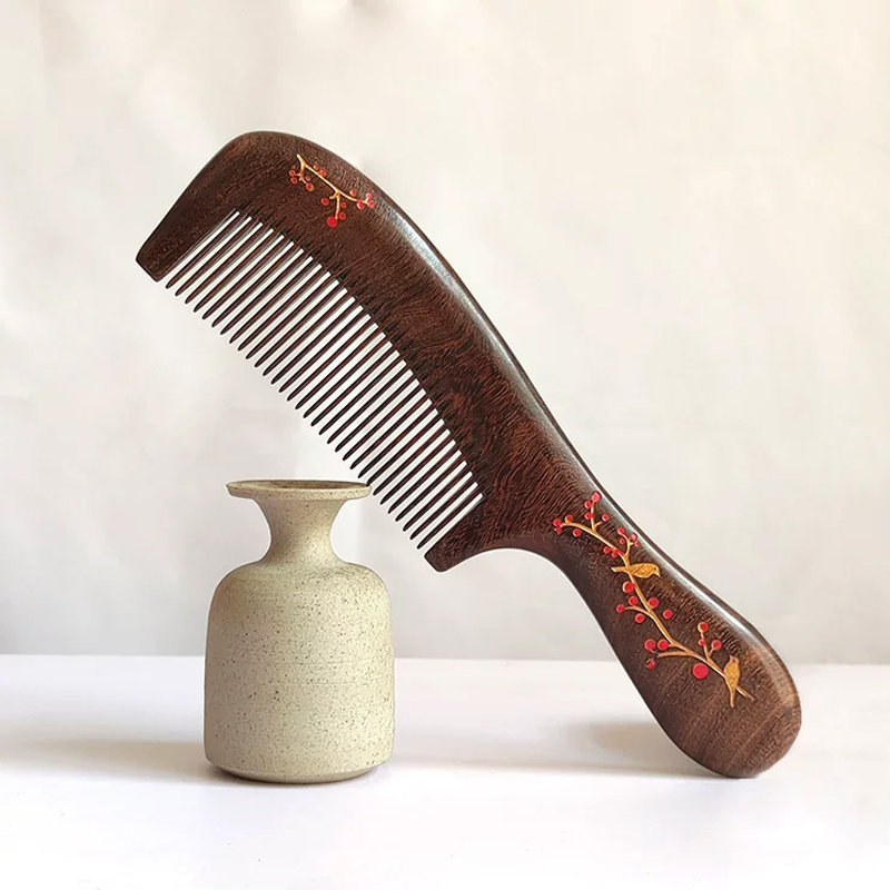 黒檀木櫛 コーム 木製の櫛 無垢材 絵付き お守り 頭皮マッサージ 静電気防止 ヘアブラシ