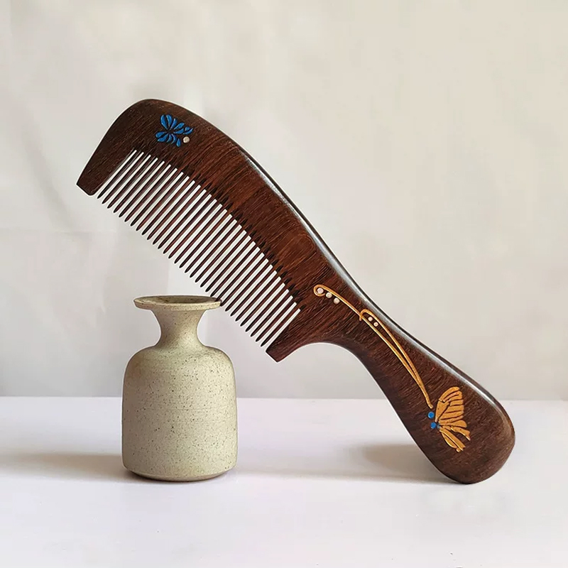 黒檀木櫛 コーム 木製の櫛 無垢材 絵付き お守り 頭皮マッサージ 静電気防止 ヘアブラシ