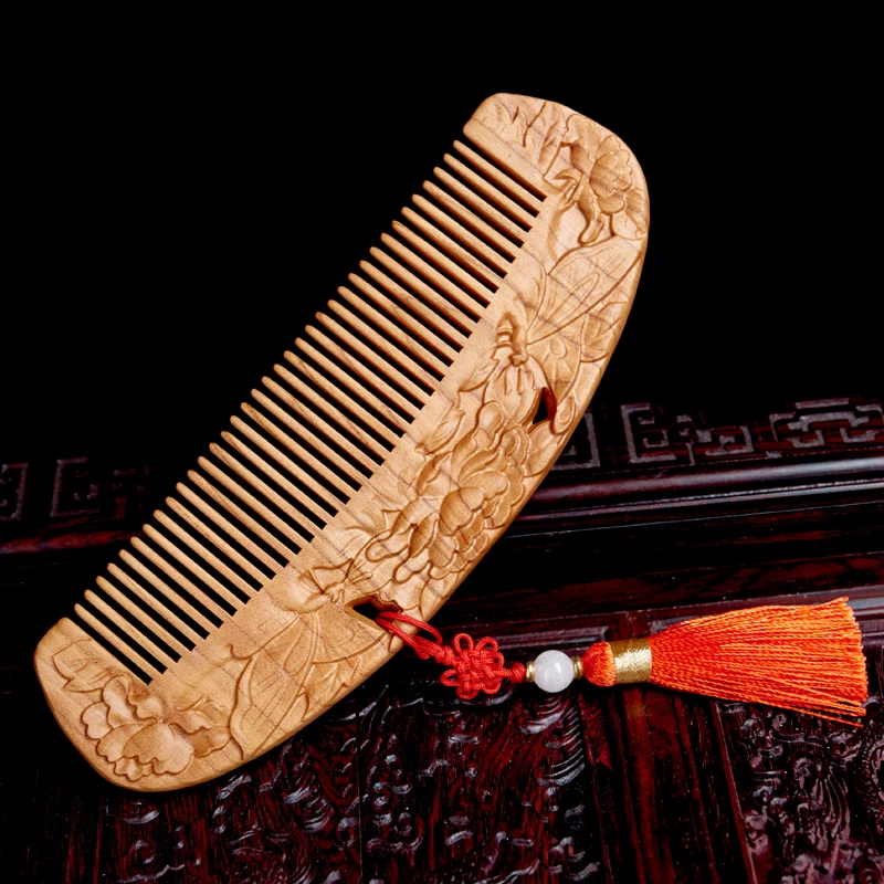 桃の木櫛 コーム 彫刻 櫛 蝶恋花 両面彫刻 お守り 静電気防止 美髪 頭皮マッサージ 抜け毛防止