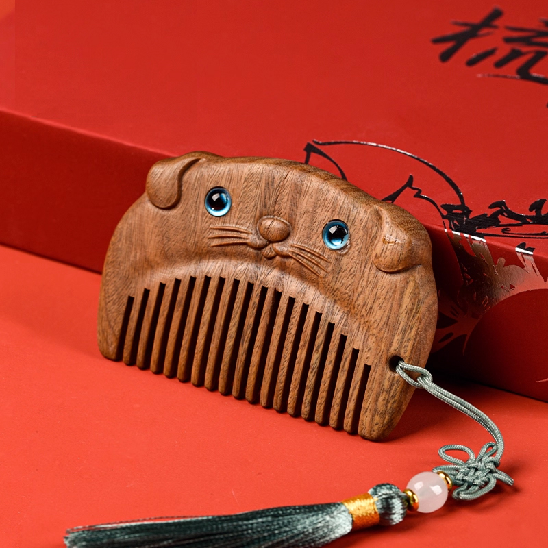 天然黑檀木 木製櫛 コンパクト 子犬 犬お守り 静電気防止 美髪 頭皮マッサージ 男女 プレゼント お祝い