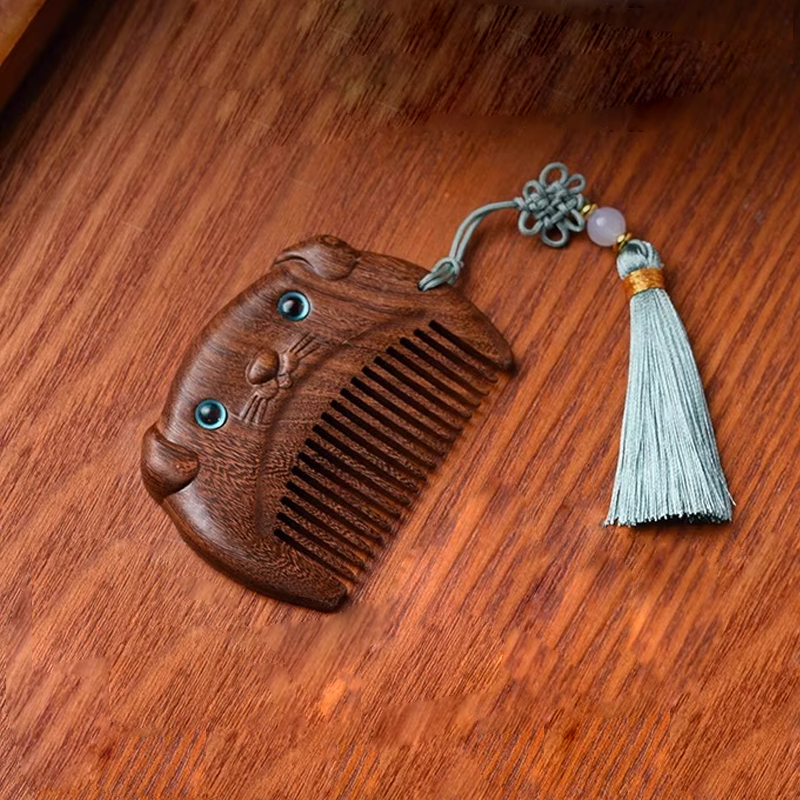 天然黑檀木 木製櫛 コンパクト 子犬 犬お守り 静電気防止 美髪 頭皮マッサージ 男女 プレゼント お祝い