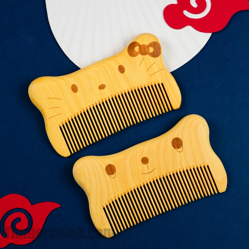 つげ櫛 携帯用 細目すき櫛 猫の可愛いキャラクター櫛 静電気防止 抜け毛防止 頭皮マッサージ