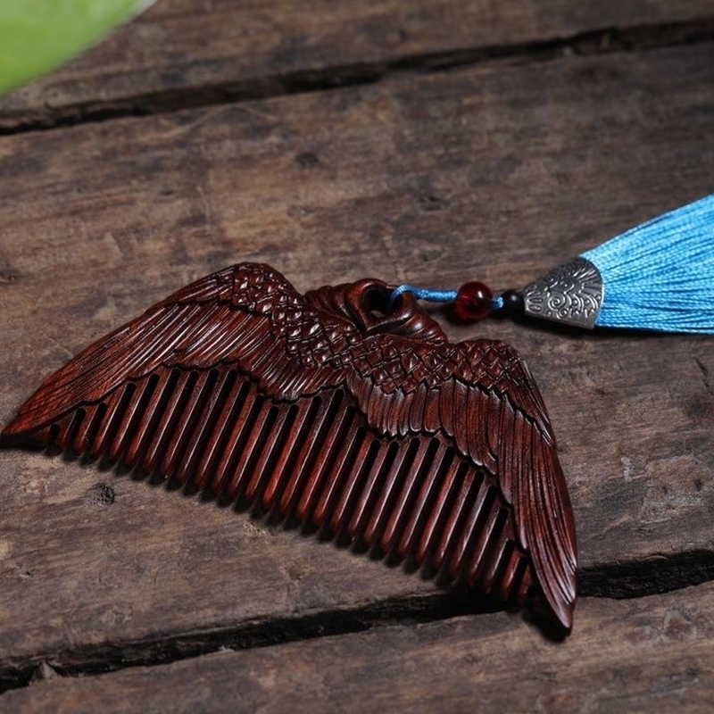 紫檀木 くし 木製櫛 両面彫刻 天使の翼 お守り 静電気防止 美髪 頭皮マッサージ 男女