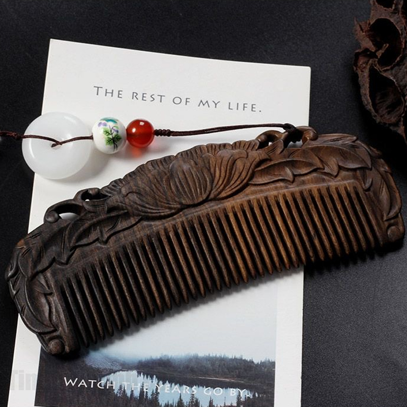 黒檀木櫛 天然木 人気の櫛 両面彫刻 蓮の花 お守り 静電気防止 美髪 頭皮マッサージ 男女