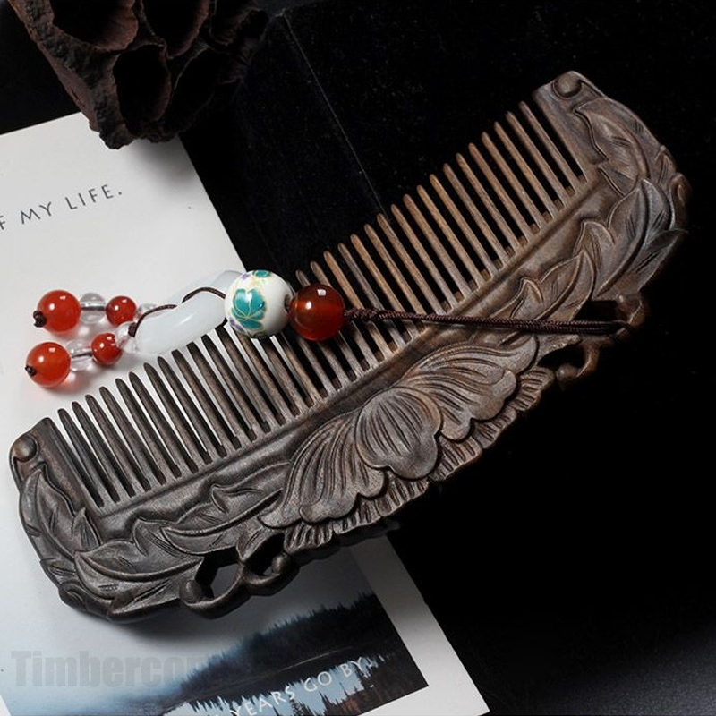 黒檀木櫛 天然木 人気の櫛 両面彫刻 蓮の花 お守り 静電気防止 美髪 頭皮マッサージ 男女