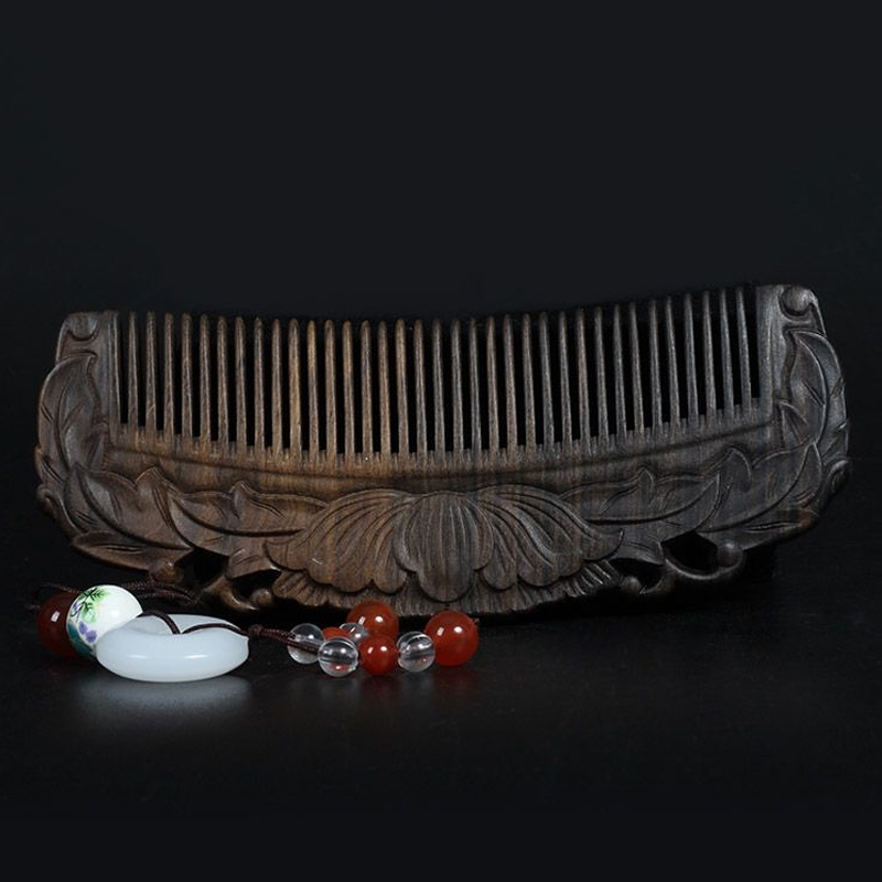 黒檀木櫛 天然木 人気の櫛 両面彫刻 蓮の花 お守り 静電気防止 美髪 頭皮マッサージ 男女