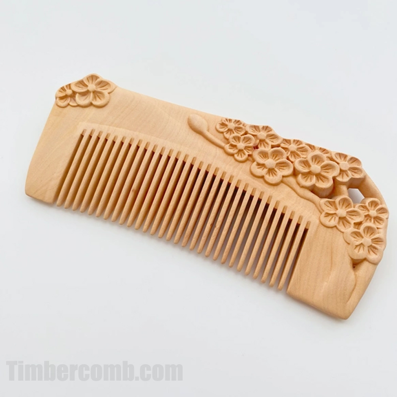 つげ櫛 コーム 木製櫛 くし 梅花 両面彫刻 静電気防止 美髪 頭皮マッサージ 抜け毛防止
