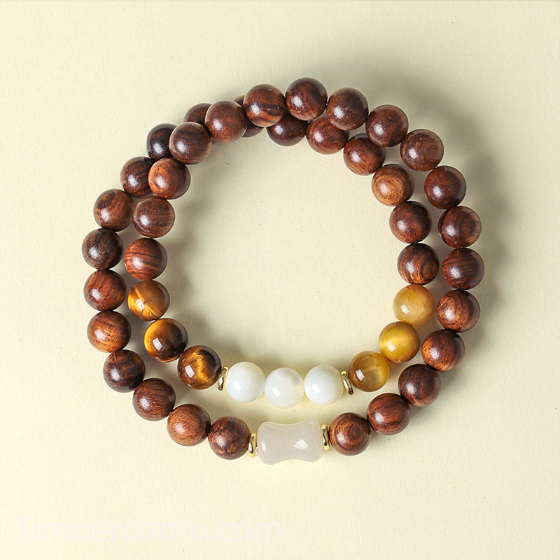 数珠ブレスレット 檀木 × 虎眼石 2 連ブレスレット 天然石 马蹄螺 お守り ユニセックス 開運 魔除け ファッションアクセサリー