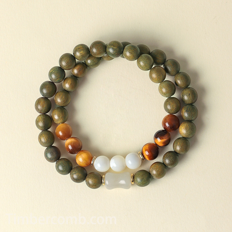 数珠ブレスレット 檀木 × 虎眼石 2 連ブレスレット 天然石 马蹄螺 お守り ユニセックス 開運 魔除け ファッションアクセサリー