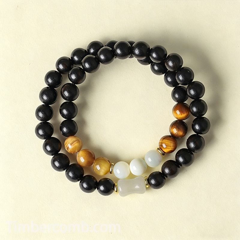 数珠ブレスレット 檀木 × 虎眼石 2 連ブレスレット 天然石 马蹄螺 お守り ユニセックス 開運 魔除け ファッションアクセサリー