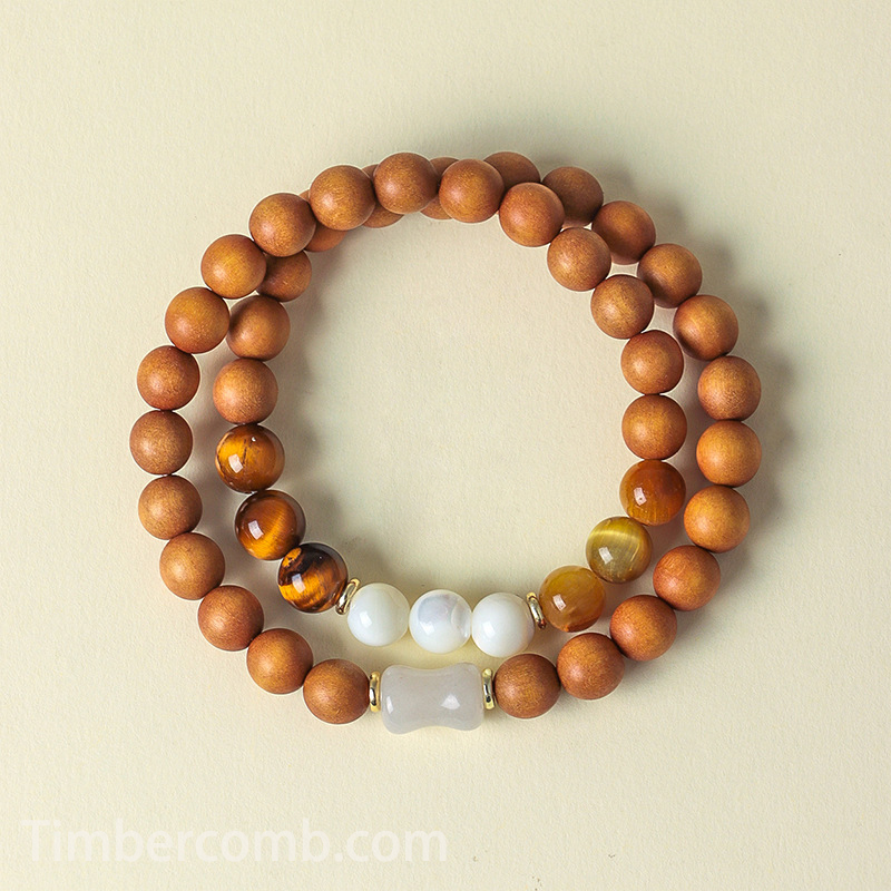 数珠ブレスレット 檀木 × 虎眼石 2 連ブレスレット 天然石 马蹄螺 お守り ユニセックス 開運 魔除け ファッションアクセサリー